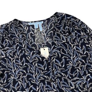 Draper James Shirt Women's Size 10 Blue Multi Fern Print Button Up Tie Blouse